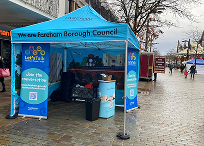Gazebo in West Street with text "We are Fareham Borough Coucil"