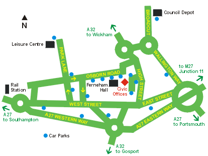 A map of the road system within Fareham Town Centre