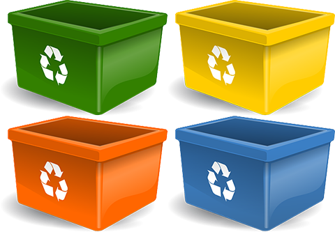 Cartoon images of brightly coloured recycling tubs